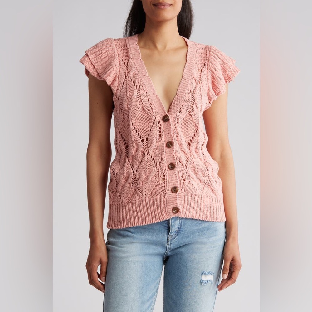 NWT- Ruffle Pointelle Cardigan Size XL